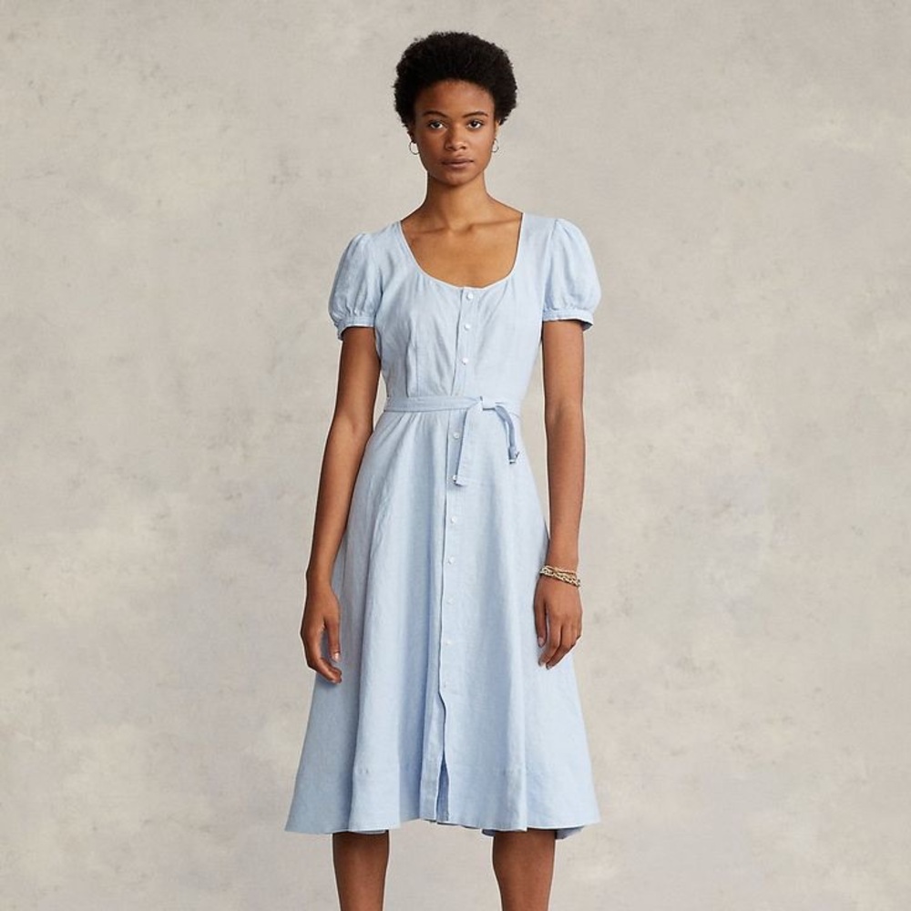 Polo Linen Light Blue Puff Sleeve Dress